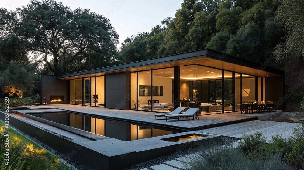 Fototapeta premium Modern House with Pool and Outdoor Patio at Dusk