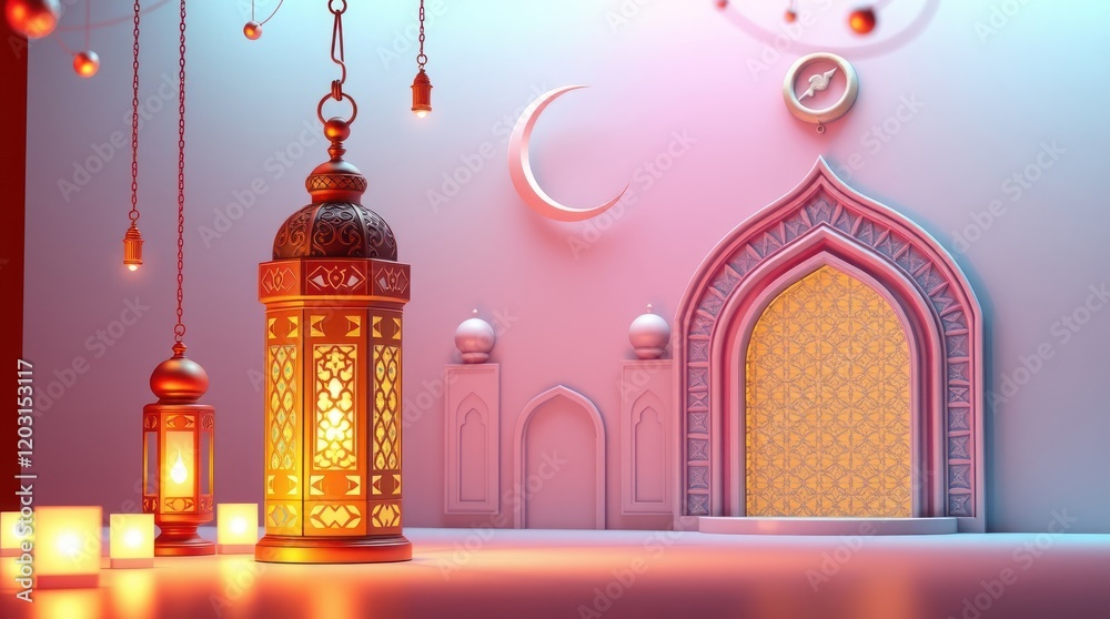 Fototapeta premium 3D image, modern and luxurious, depicting a Ramadan Kareem background. An ornamental Arabic lantern, a metal moon, and a mosque portal are the focal points 