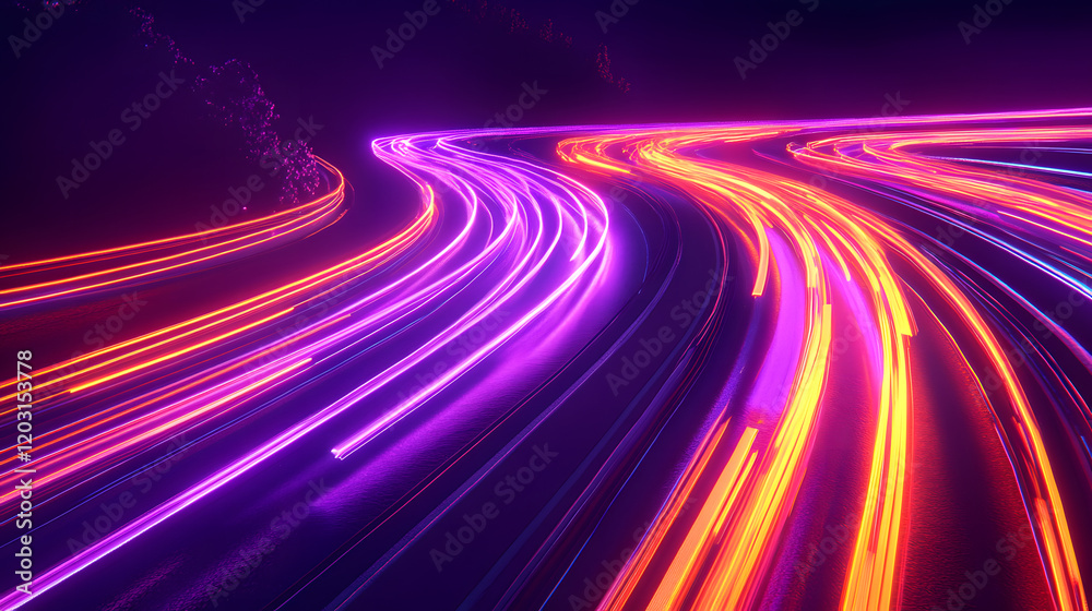Neon lights form a bright trail, creating a futuristic road stretching into the distance. Neon lights form a bright trail, creating a futuristic road stretching into the distance.