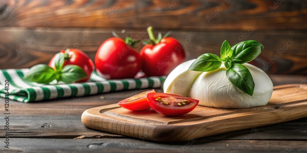 Fresh mozzarella cheese with basil leaves and a juicy tomato slice on a wooden cutting board, appetizer, italian flag, appetizer Fresh mozzarella cheese with basil leaves and a juicy tomato slice on a wooden cutting board, appetizer, italian flag, appetizer