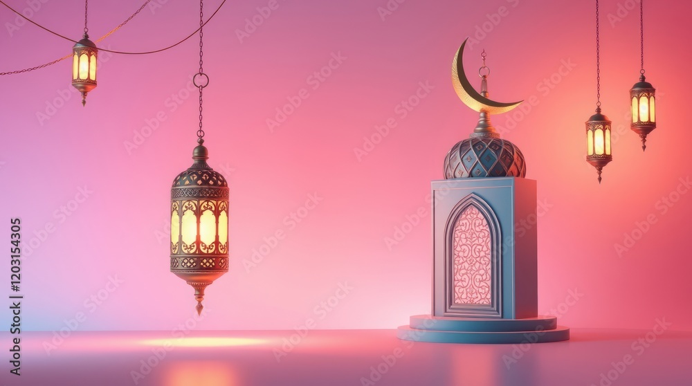 Fototapeta premium 3D image, modern and luxurious, depicting a Ramadan Kareem background. An ornamental Arabic lantern, a metal moon, and a mosque portal are the focal points 