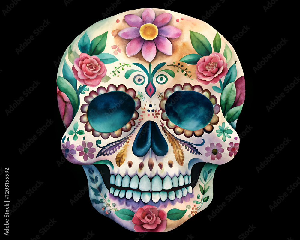Naklejka premium Vibrant Floral Sugar Skull. A Day of the Dead Masterpiece