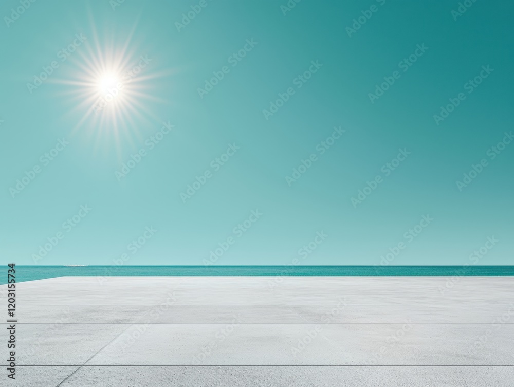 ocean sky sunbeam Concept. Serene seascape with a bright sun and clear turquoise sky over a minimalist concrete platform. ocean sky sunbeam Concept. Serene seascape with a bright sun and clear turquoise sky over a minimalist concrete platform.