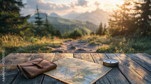 Scenic Landscape with Map and Compass on Wooden Table Outdoors