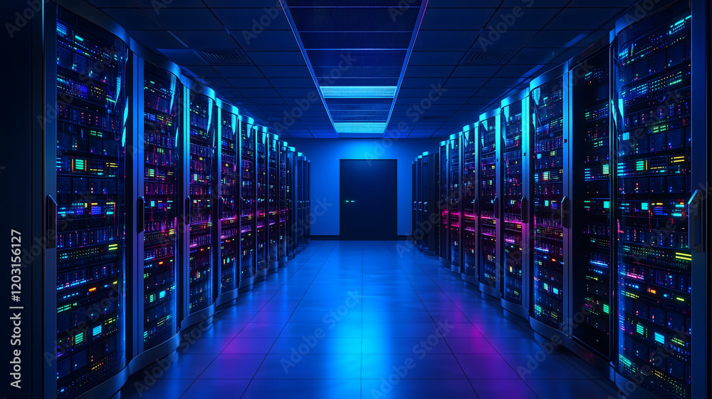 Modern Data Center with Rows of Illuminated Servers and Futuristic Blue Lighting