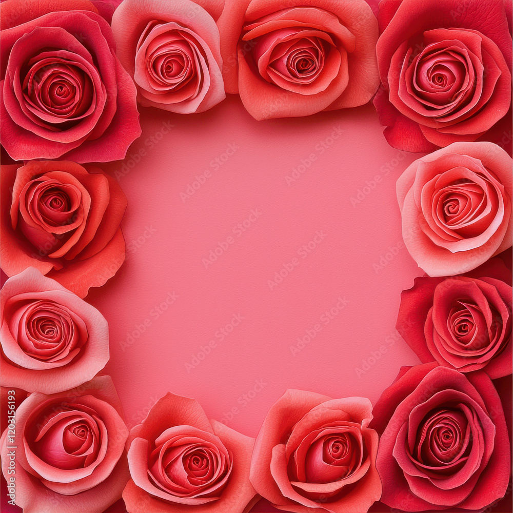 vibrant border of red and pink roses frames blank pink center, evoking romance and elegance vibrant border of red and pink roses frames blank pink center, evoking romance and elegance