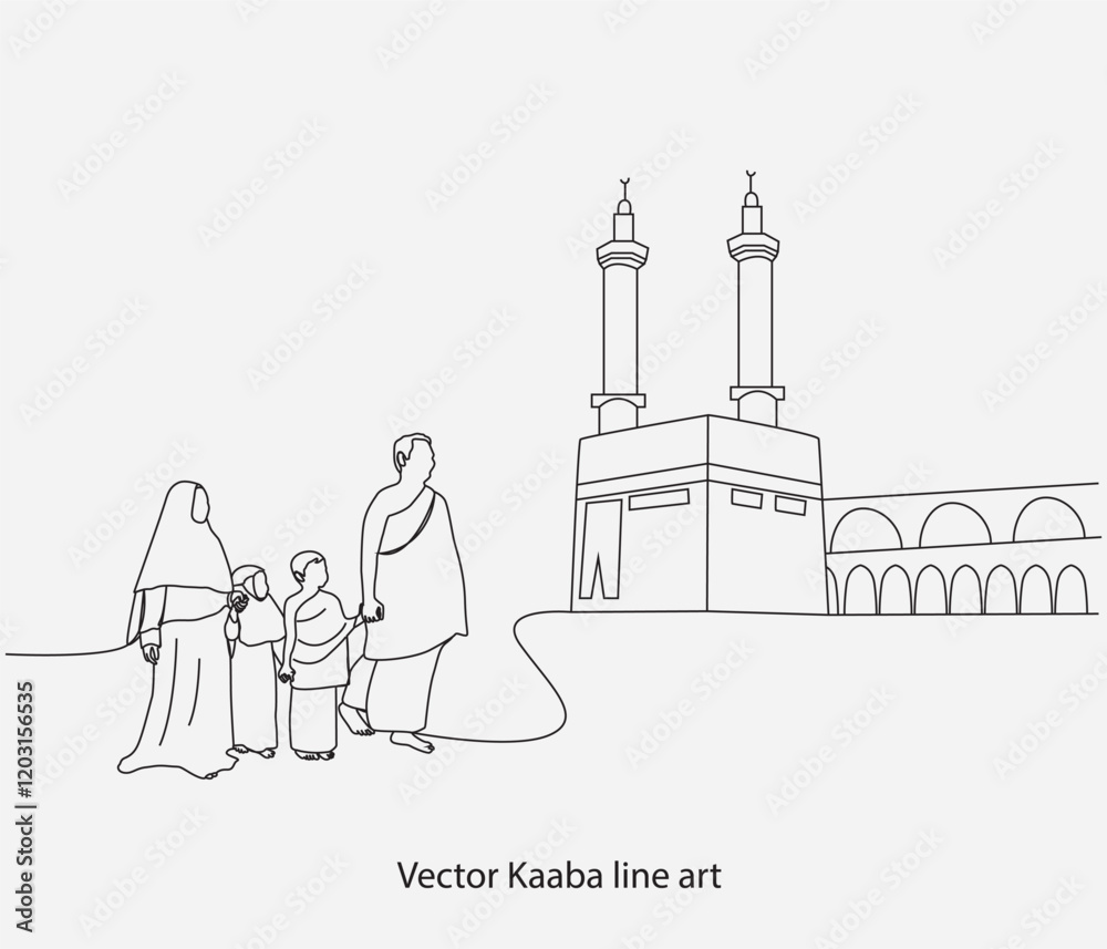 Continuous line of men standing in front of the Kaaba. Hajj and Umrah activity concept. 