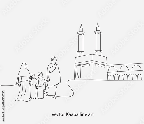 Continuous line of men standing in front of the Kaaba. Hajj and Umrah activity concept. 