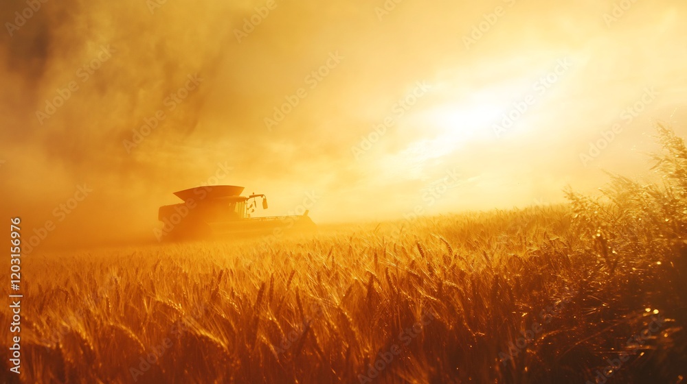 Fototapeta premium Golden Hour Harvest: Silhouetted combine slowly harvests ripe wheat bathed in warm sunlight creating a hazy atmospheric perspective. AI Generated