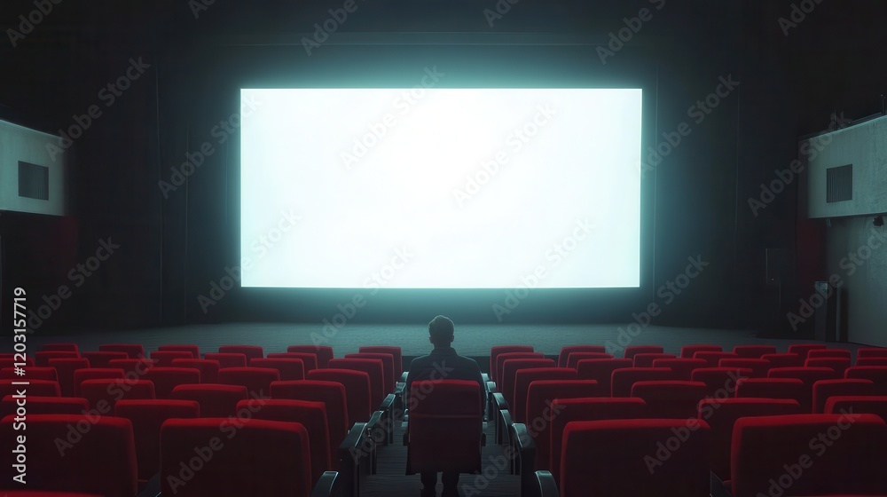 People in the cinema auditorium with Cinema blank wide screen and red chairs in the cinema hall,People silhouettes watching movie performance,empty white screen,space for text,copy space. People in the cinema auditorium with Cinema blank wide screen and red chairs in the cinema hall,People silhouettes watching movie performance,empty white screen,space for text,copy space.