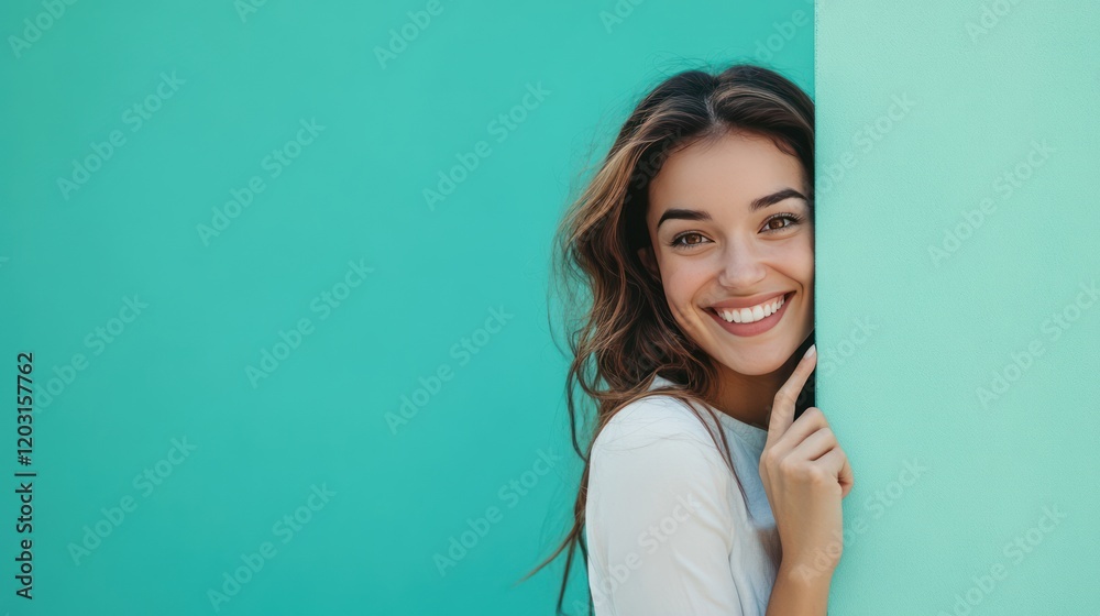 A portrait of a happy and smiling businesswoman peeking out from behind the edge, standing and holding an empty mint green wall with copy space area for your text or message. A portrait of a happy and smiling businesswoman peeking out from behind the edge, standing and holding an empty mint green wall with copy space area for your text or message.