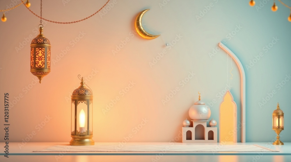 3D image, modern and luxurious, depicting a Ramadan Kareem background. An ornamental Arabic lantern, a metal moon, and a mosque portal are the focal points ( 3D image, modern and luxurious, depicting a Ramadan Kareem background. An ornamental Arabic lantern, a metal moon, and a mosque portal are the focal points (