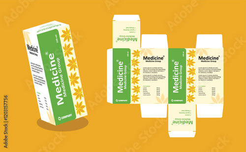 Syrup packaging Box Brand Syrup Medicine Packaging vector illustration green or white and yellow color with yellow background