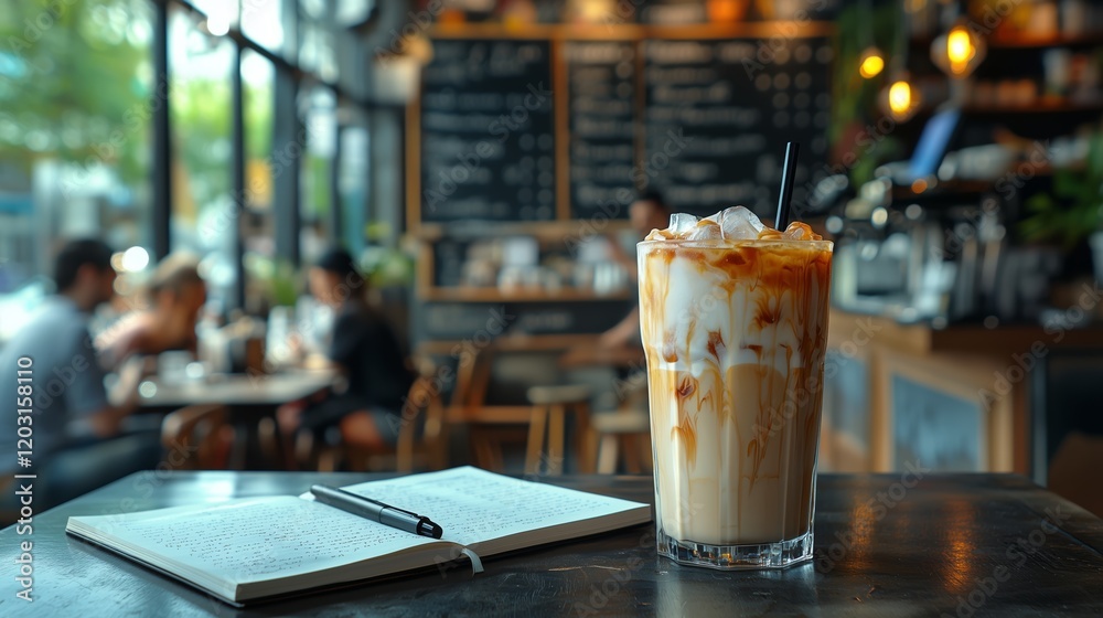 Refreshing Iced Coffee with Notebook in Cozy Cafe Setting