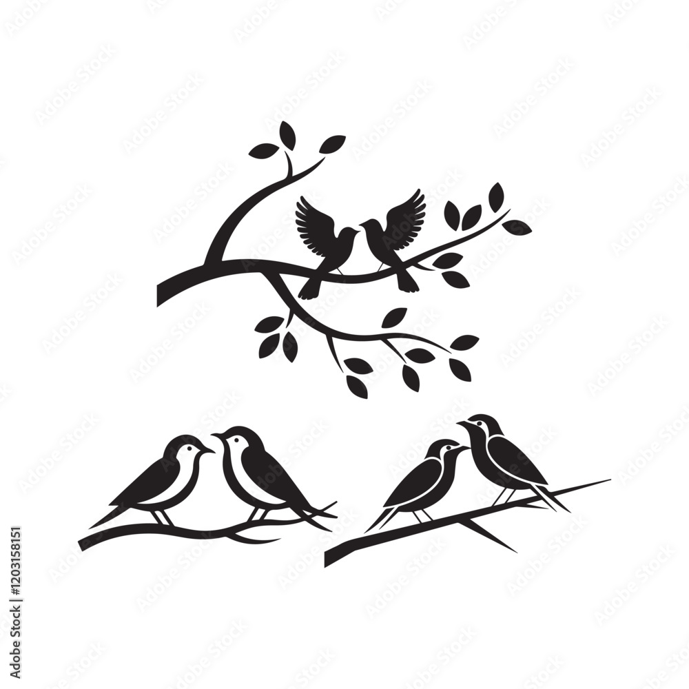 Fototapeta premium Couple Birds Silhouette on Branch Vector Birds in love illustration