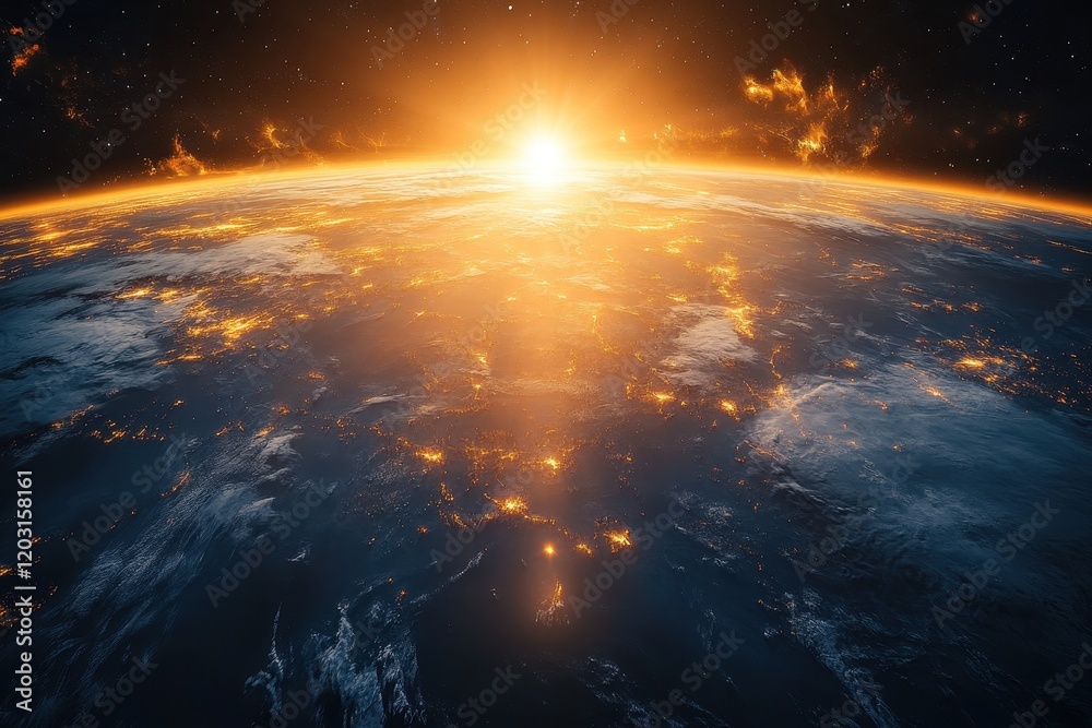 Fototapeta premium Earth from space illuminated by a sunrise with a celestial glow.