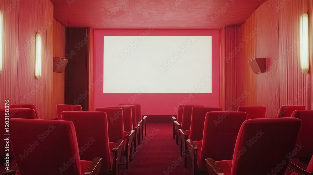People in the cinema auditorium with Cinema blank wide screen and red chairs in the cinema hall,People silhouettes watching movie performance,empty white screen,space for text,copy space. People in the cinema auditorium with Cinema blank wide screen and red chairs in the cinema hall,People silhouettes watching movie performance,empty white screen,space for text,copy space.