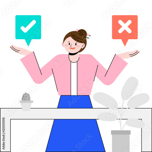 Business woman Character working activities multitasking correct and wrong concept with work desk illustration