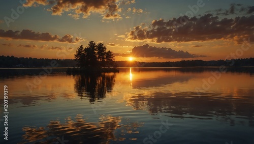 Sunset over the lake . Colourful sunset over ocean on Maldives . A serene sunset
