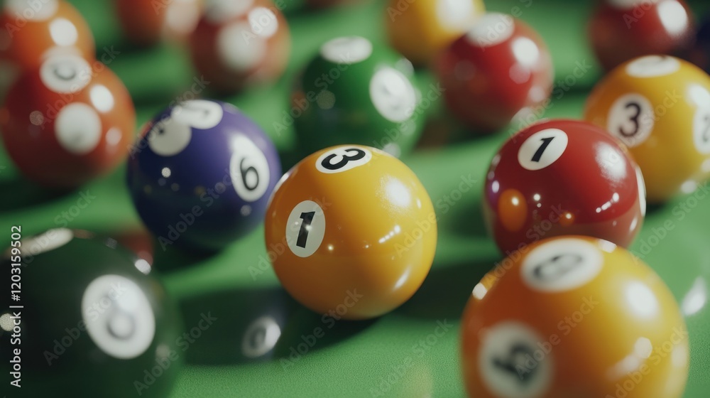 A close-up of numbered billiard balls, showing their glossy surfaces and vibrant colors, on a clean green table