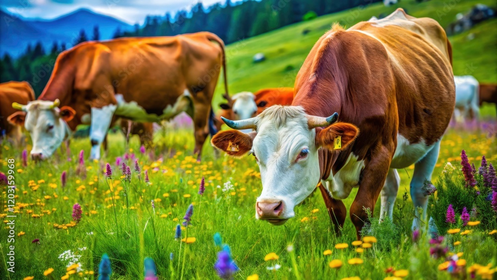 Herd of Cows Grazing in the Meadow - Macro Photography of Nature, Livestock, Pastoral Scenes, Farm Life, Green Grass, Agriculture, Scenic Landscape, Rural Setting, Animal Behavior, Country Living Herd of Cows Grazing in the Meadow - Macro Photography of Nature, Livestock, Pastoral Scenes, Farm Life, Green Grass, Agriculture, Scenic Landscape, Rural Setting, Animal Behavior, Country Living
