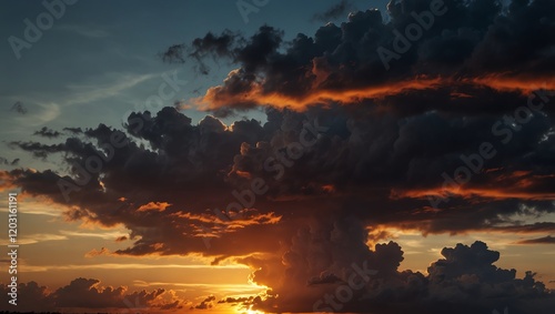 Sunset in the mountains . A dramatic sunset with dark clouds