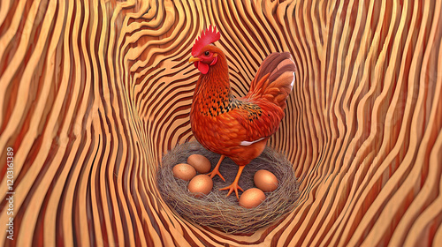 Hen sitting on eggs in nest inside wooden structure