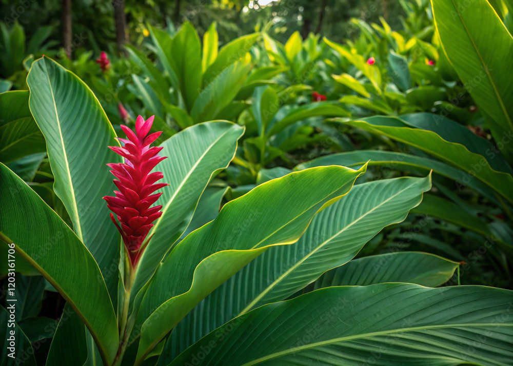 Obraz premium tropical flower in the garden, Vibrant green leaves of Red Ginger Alpinia surround a striking red flower with delicate petals, adding a pop of color to a lush tropical scene