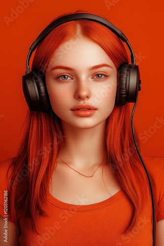 Redhead woman wearing headphones on orange background	