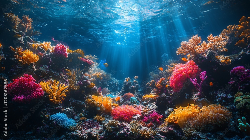 Fototapeta premium Vibrant coral reef teeming with colorful fish, bathed in sunlight.