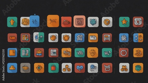 Obraz na płótnie Set of icons . Line Icons . A grid of icon thumbnails is displayed, each with a rounded square border, on a dark gray background. The icons vary in colour and depict a variety of stylized objects. w salonie