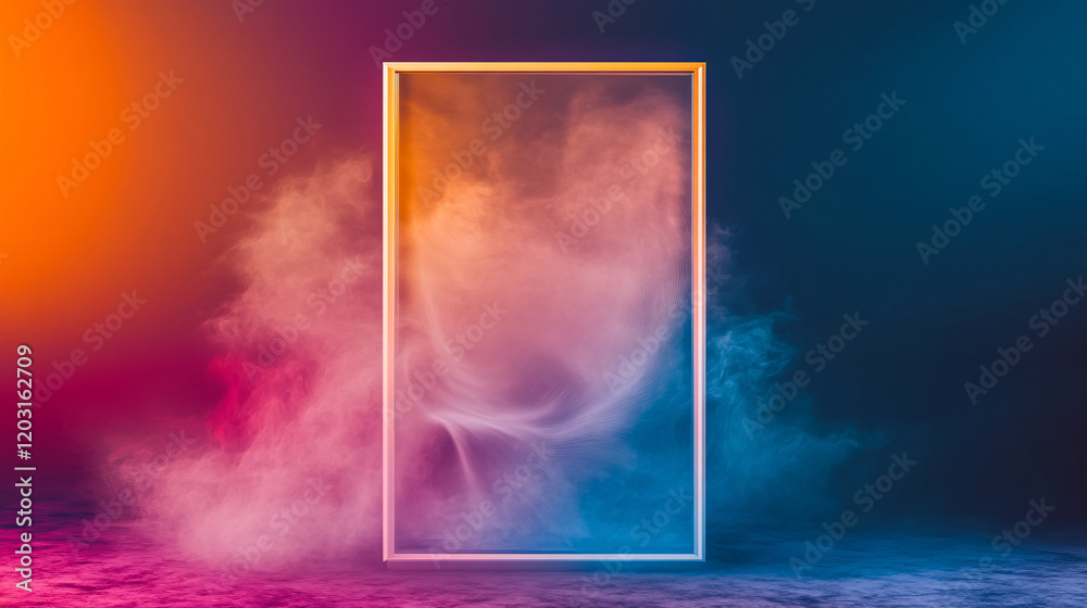 Obraz premium vibrant, ethereal scene featuring rectangular frame surrounded by colorful smoke. background transitions from warm orange to cool blue, creating surreal atmosphere