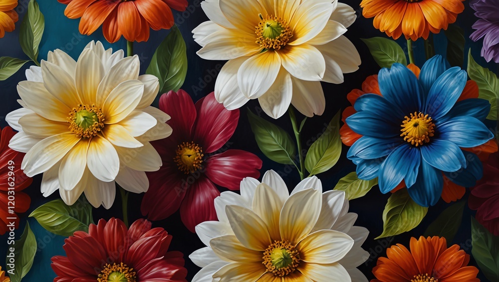 Flowers background . Background . A floral pattern featuring several vibrant dahlias of various colours. The flowers are in full bloom, with a few leaves visible in between.