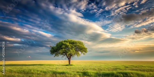 A serene landscape with a single tree standing tall amidst a vast expanse of time-lapse photography, short term photo