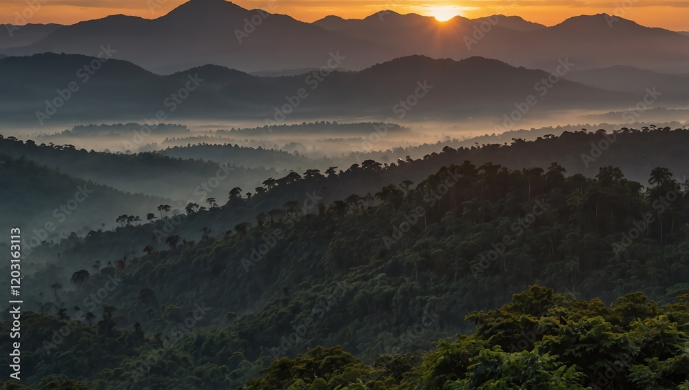 sunrise in the mountains . A landscape photo displays silhouetted mountains, a rising sun, and fog nestled in valleys below