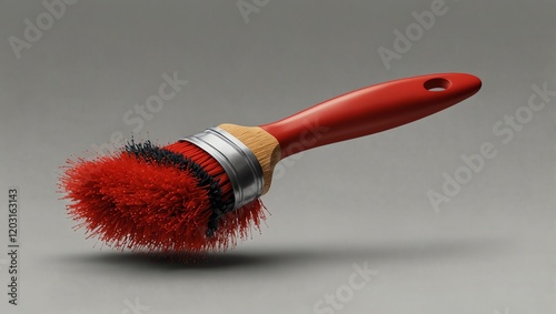 Obraz na płótnie Brush with red paint . A paint brush with a red handle and red bristles is shown on a gray background. The bristles appear to have a black band. w salonie