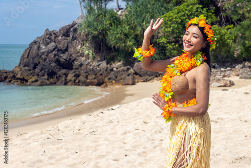Hula Hawaii dancer dancing on the sea beach