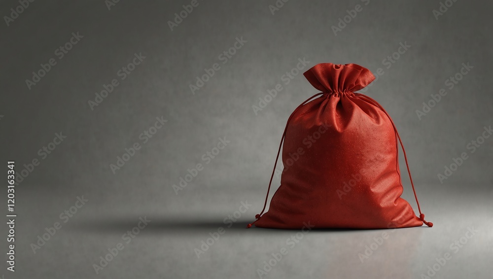 Red bag with gifts . A red fabric gift bag sits against a gray background . Red Christmas Sack