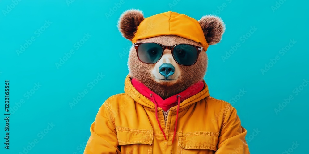 Stylish Anthropomorphic Bear in Sunglasses and Jacket Exploring the Outdoors Stylish Anthropomorphic Bear in Sunglasses and Jacket Exploring the Outdoors