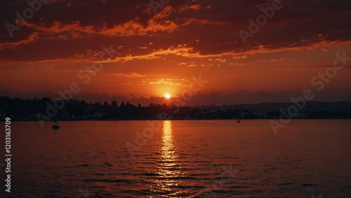 Obraz na płótnie Sunset over the river . A fiery sunset illuminates a calm body of water. The sun's reflection shimmers on the surface and silhouetted trees are visible in the distance. w salonie