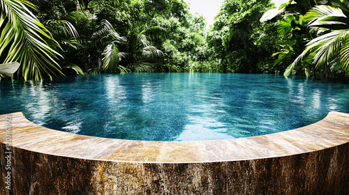 serene freshwater pool surrounded by lush greenery and tropical plants, creating tranquil oasis in nature. clear blue water reflects vibrant foliage, inviting relaxation photo