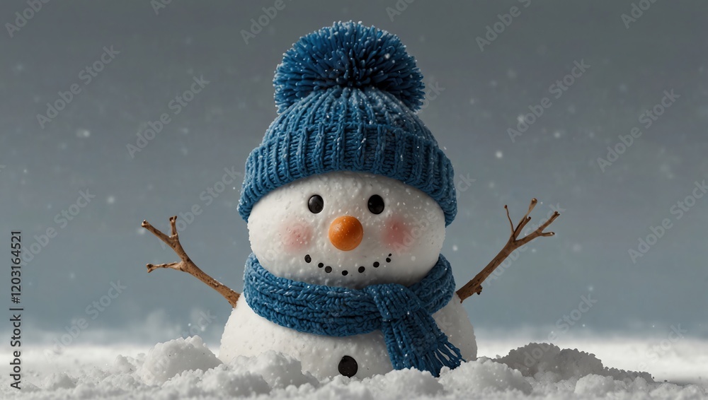 Snowman in the snow . A cheerful snowman, wearing a blue hat and scarf, sits in snow.