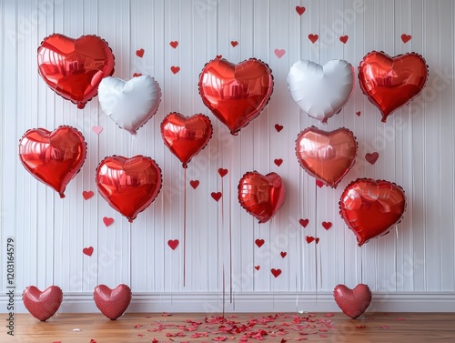Romantic Valentine s Day Heart Balloons White Walls Red Confetti photo
