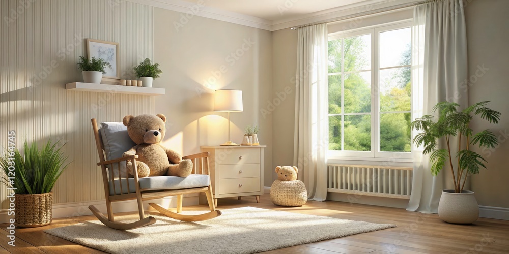 Fototapeta premium Minimalistic Nursery Scene with Teddy Bear in Rocking Chair, Soft Sunlight Streaming Through Window