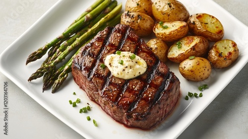 beef steak with potato and asparagus and ranch