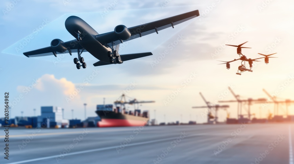 Airplane in flight above container, a glimpse into global logistics and transportation Airplane in flight above container, a glimpse into global logistics and transportation