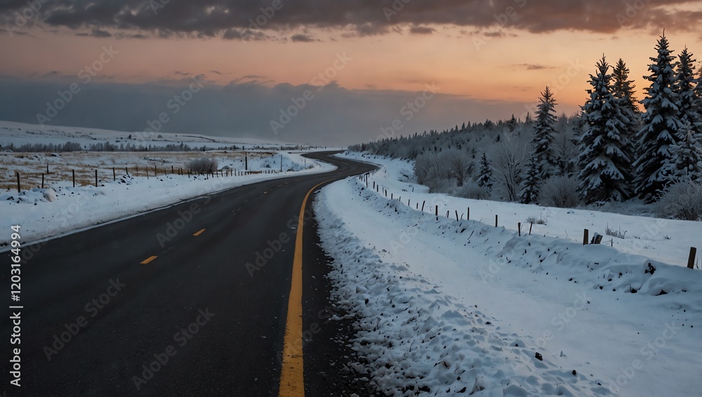 Road in the mountains . A long, curved road cuts through a snowy landscape at sunset.