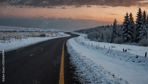 Obraz na płótnie Road in the mountains . A long, curved road cuts through a snowy landscape at sunset. w salonie