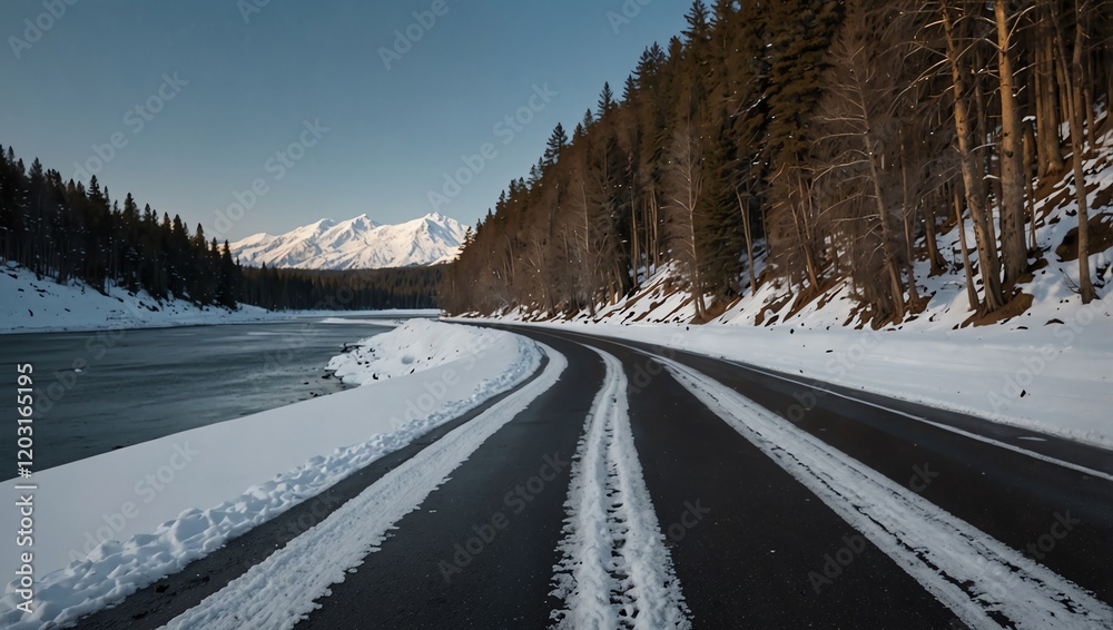 Road in snow . A winter road travels between snowy banks and a dark forest, leading to distant mountains.