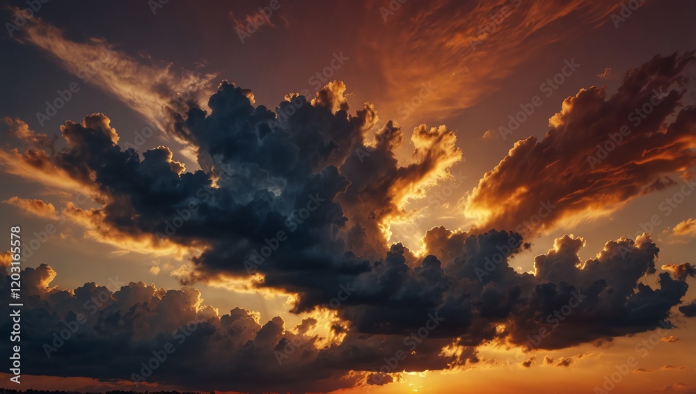 Sunset over the mountains . A dramatic sunset is shown with dark, layered clouds and bright sunbeams breaking through. The scene is a vibrant mix of orange, red, and dark blue colors.